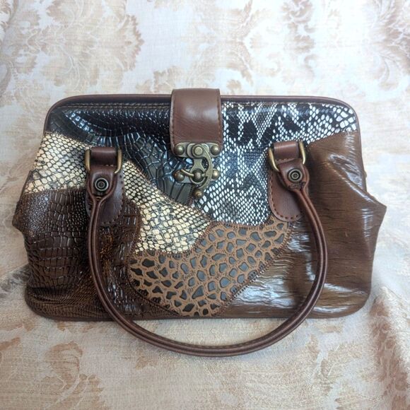 Handbags - Vintage 70s 80s Leather Patchwork Animal Print Satchel Bag